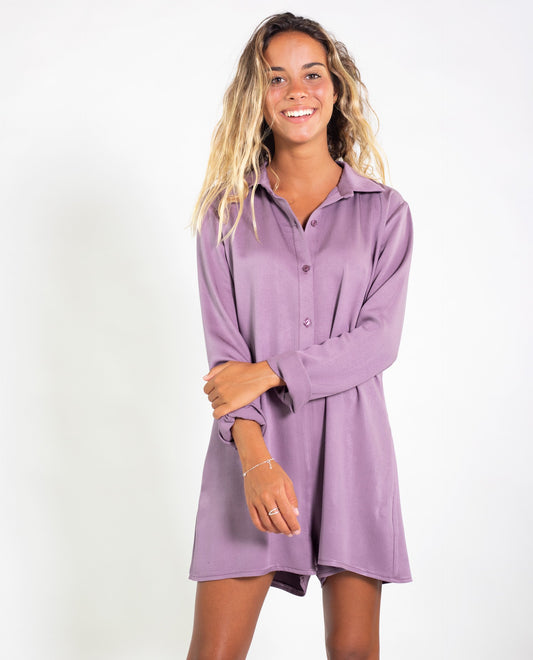 MONO ALL DAY LONG | Mono pantalón corto morado con manga larga mujer | Mono casual THE-ARE