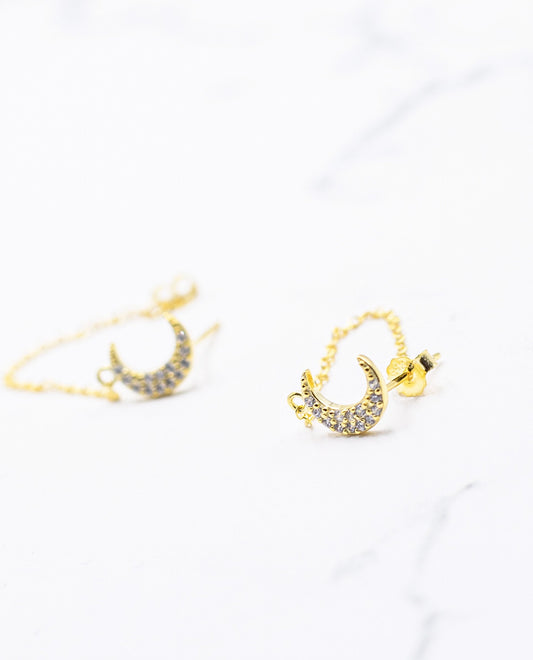 Pendientes plata 925 bañada en oro luna con circonitas THE-ARE | Joyitas