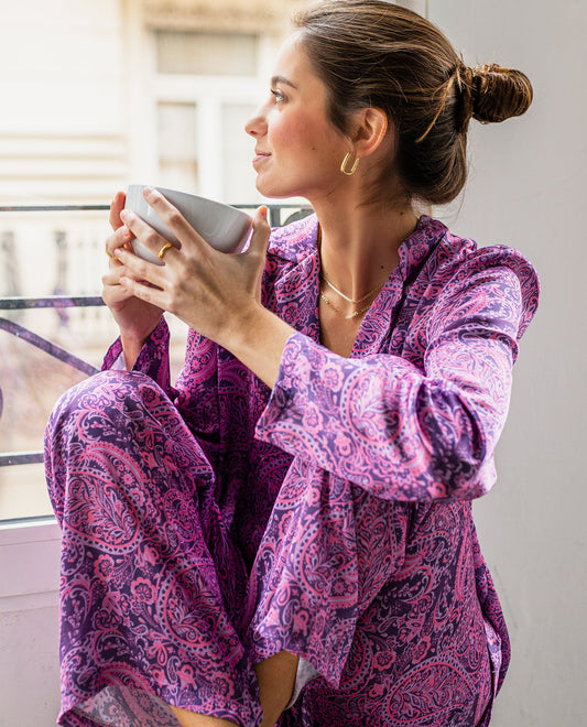 PIJAMA DREAM & TRAVEL | Pijama camisa y pantalón largo estampado paisley mujer | THE-ARE