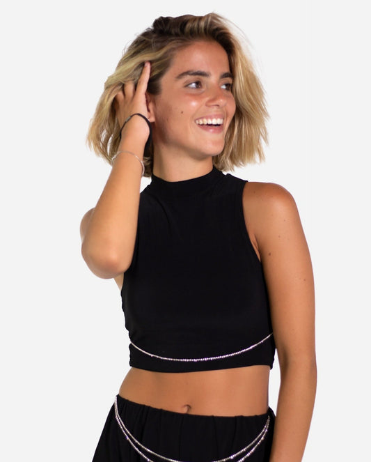 TOP NITE | Top halter negro cadena strass plateada | Tops de fiesta THE-ARE