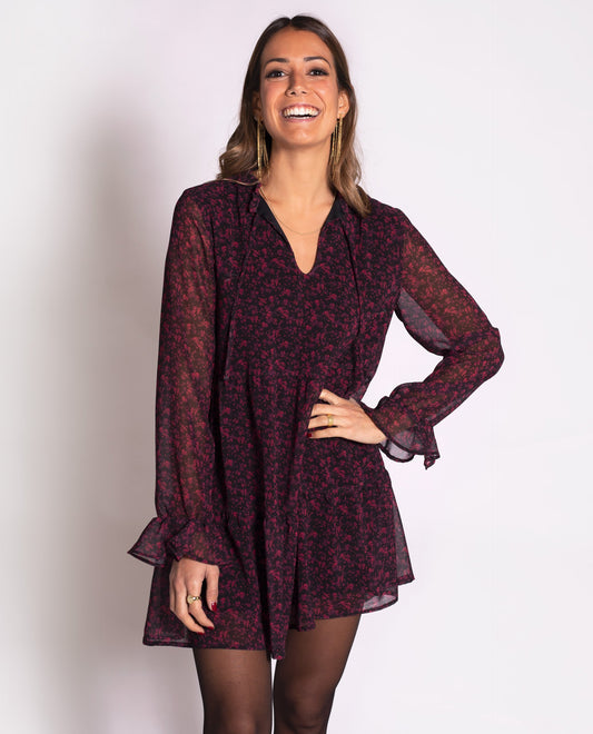 Vestido corto manga larga estampado flores baby doll | THE-ARE