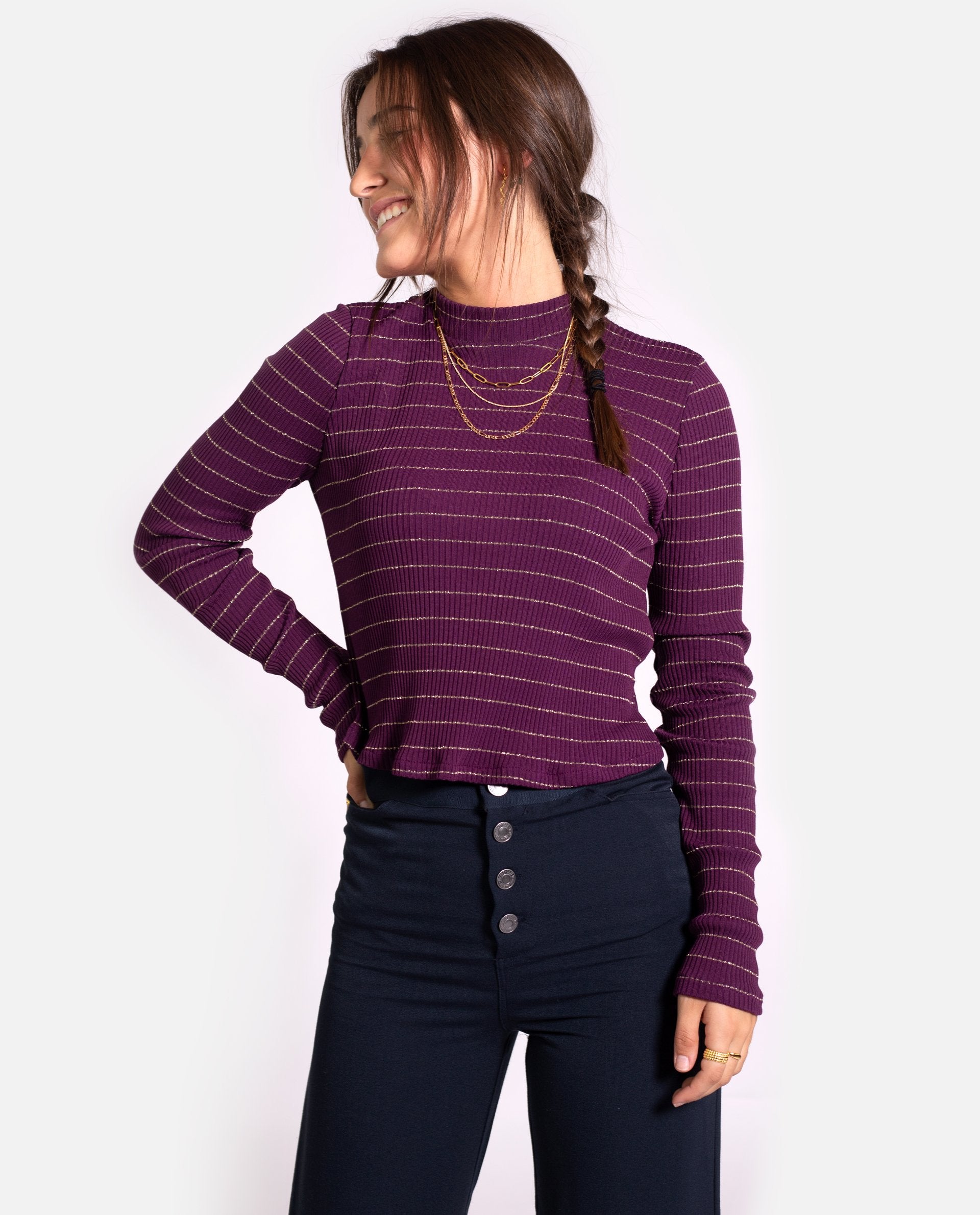 SUÉTER LOOK THE STARS | Suéter fino de mujer canalé a rayas cuello alto | Jerseys THE-ARE