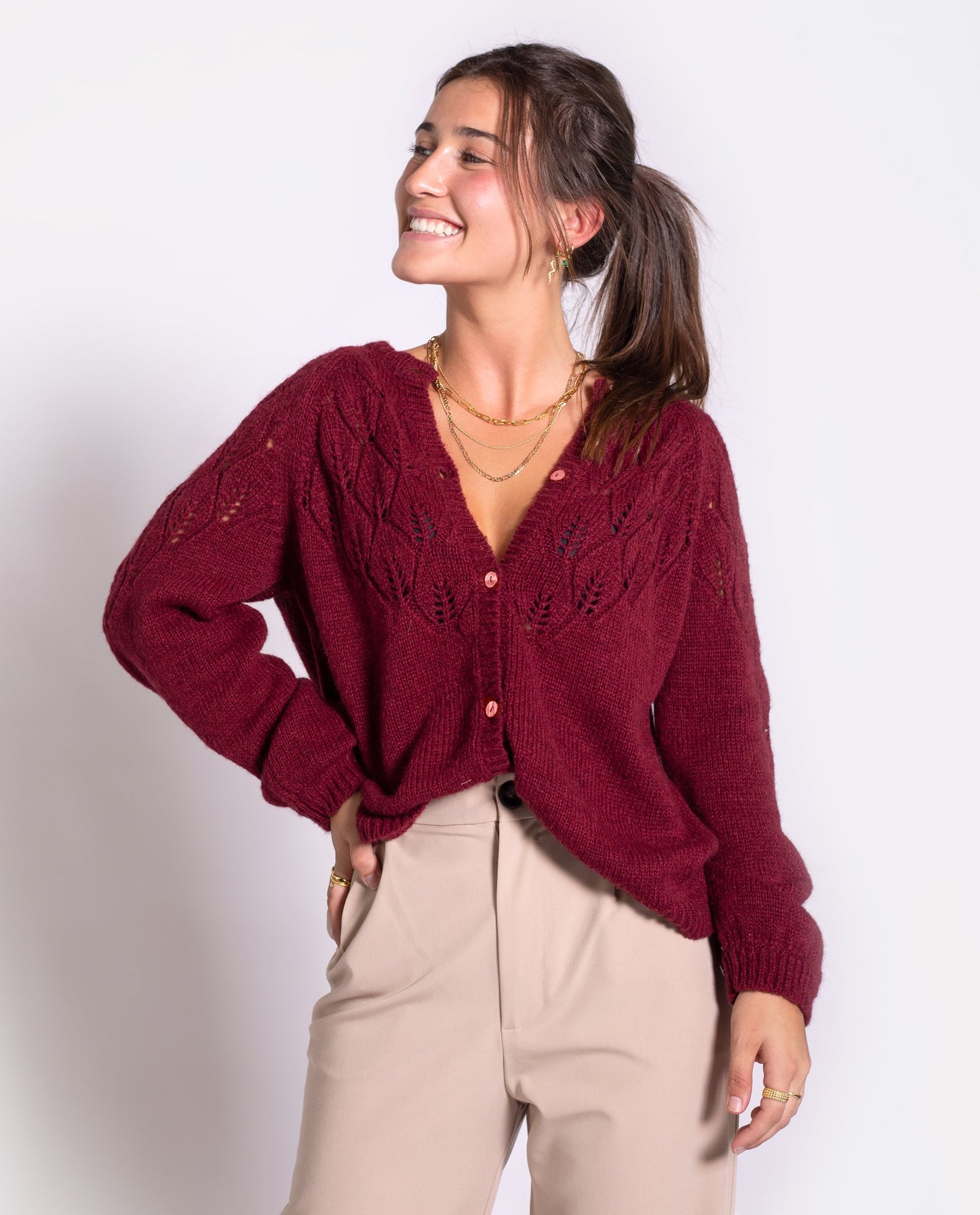 CARDIGAN WANT IT ALL | Cardigan suave granate con botones | Jerseys de mujer THE-ARE