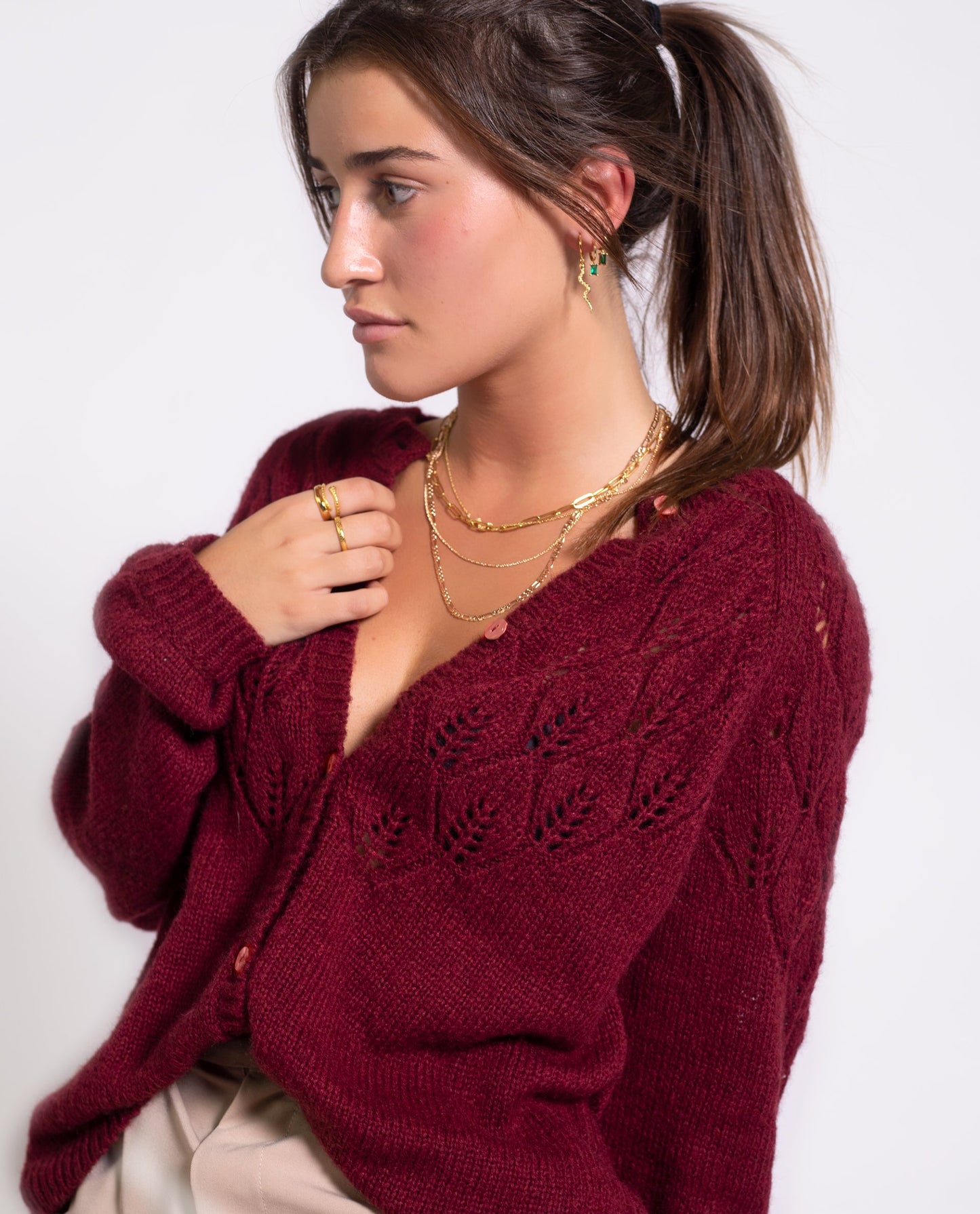 CARDIGAN WANT IT ALL | Cardigan suave granate con botones | Jerseys de mujer THE-ARE