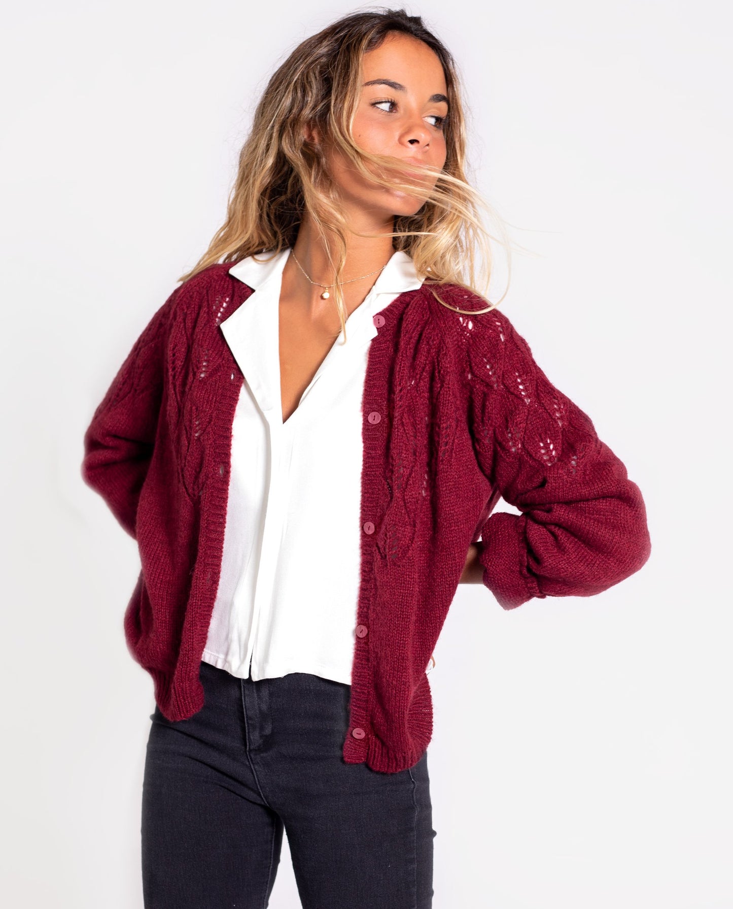 CARDIGAN WANT IT ALL | Cardigan suave granate con botones | Jerseys de mujer THE-ARE