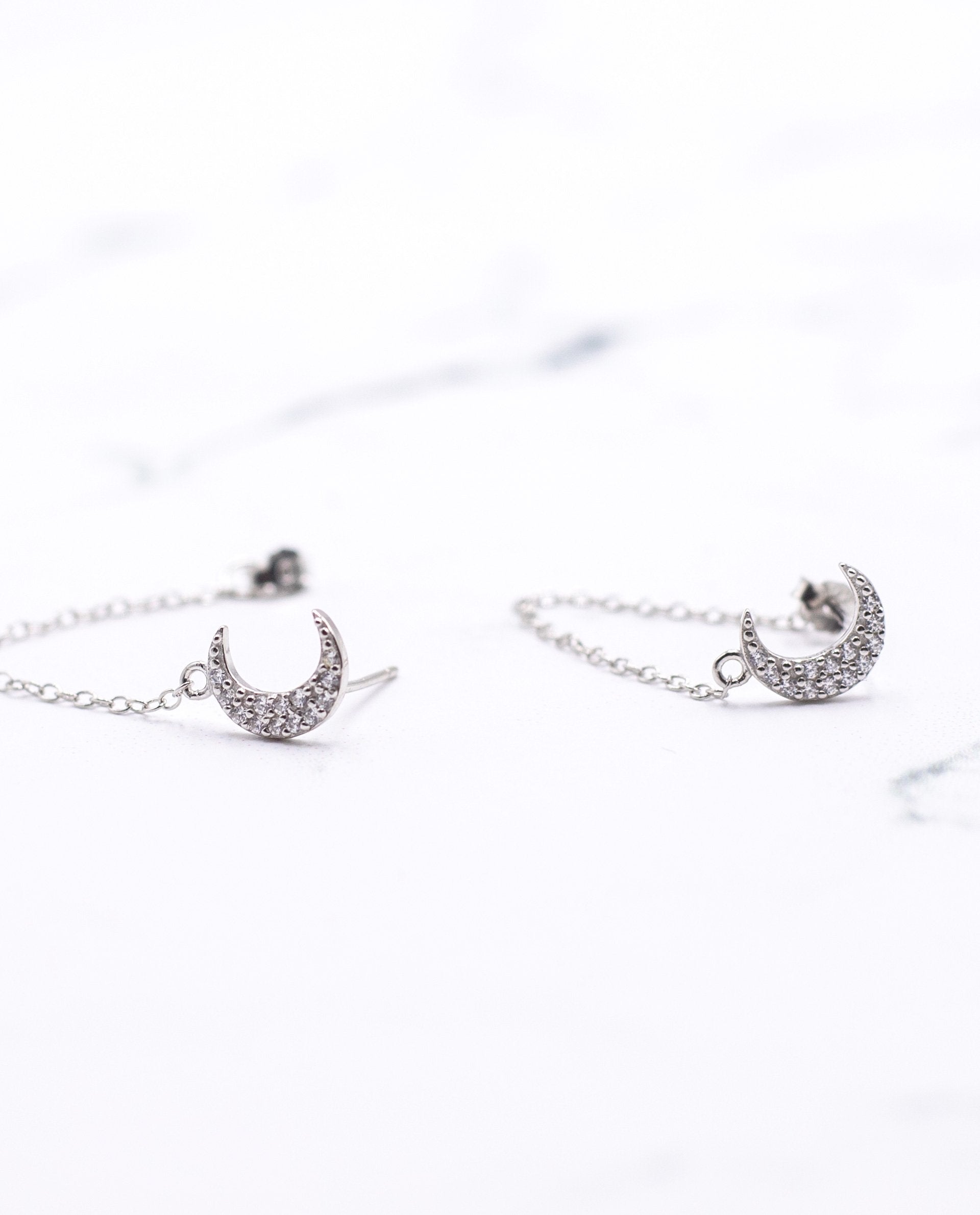 PENDIENTES LONG MOON  | Pendientes plata 925 luna con circonitas THE-ARE | Joyitas THE-ARE