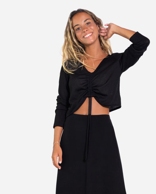 SUETER SOUL SISTER | Sueter fino negro canalé con frunce regulable mujer | THE-ARE