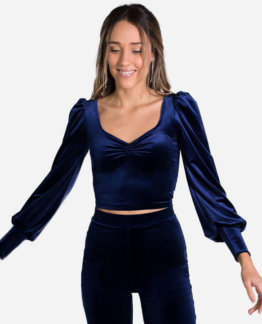 TOP BAMBINA | Top con mangas azul marino terciopelo | Blusas elegantes THE-ARE