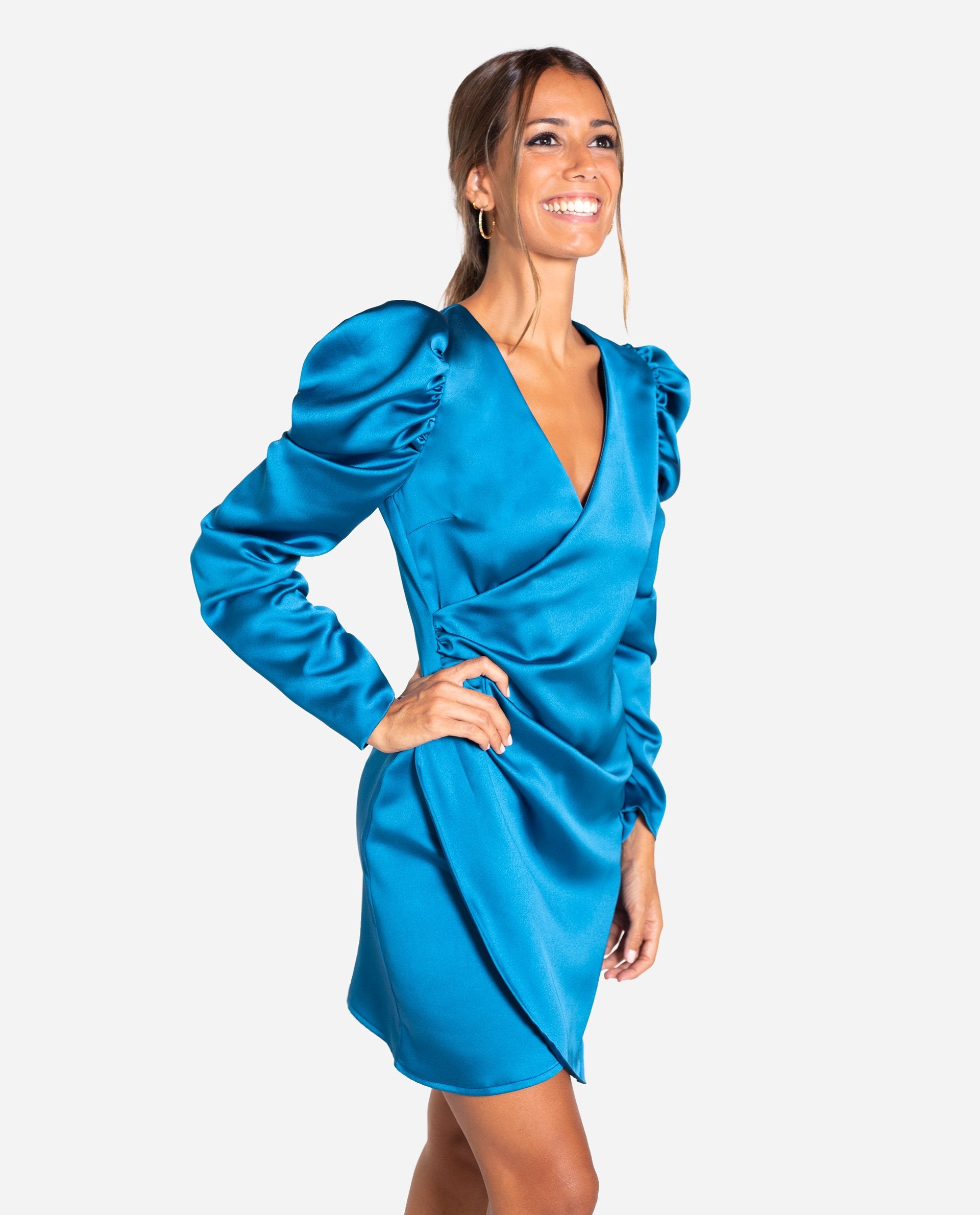 VESTIDO MRS LAURENCE | Vestido corto elegante azul mangas abullonadas | THE-ARE