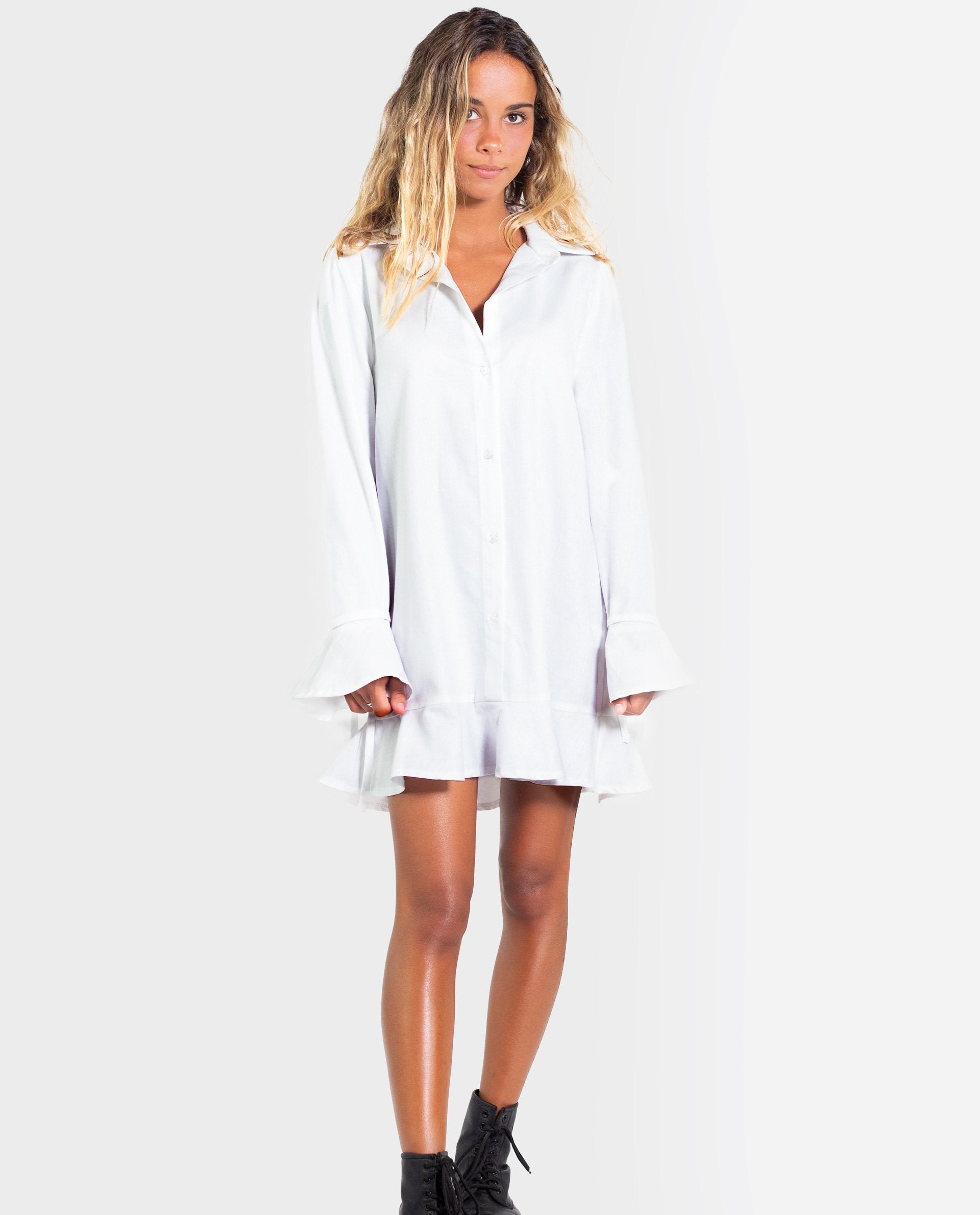 Vestido camisero blanco corto volantes | Vestido casual mujer THE-ARE