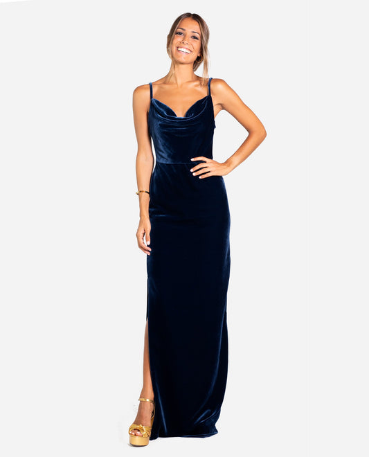 VESTIDO MRS DAYTON | Vestido largo terciopelo azul tirantes | Vestidos elegantes THE-ARE