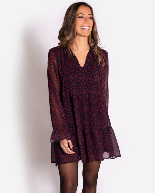 Vestido corto manga larga estampado flores baby doll | THE-ARE