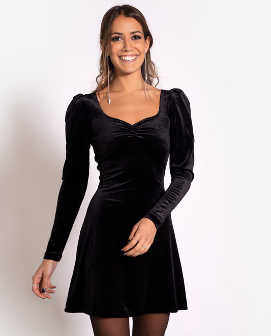 VESTIDO BAMBINA | Vestido corto terciopelo negro manga larga escote corazón | THE-ARE
