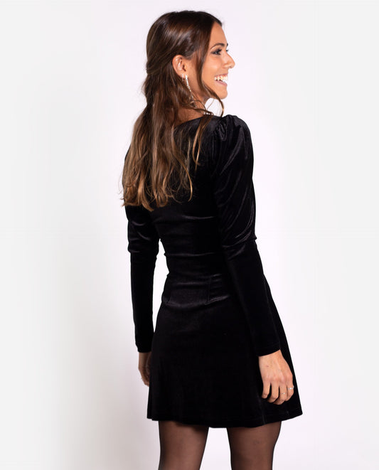 VESTIDO BAMBINA | Vestido corto terciopelo negro manga larga escote corazón | THE-ARE
